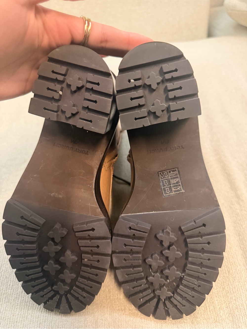 Tory Burch Beige/Tan Lace-Up Lug Heel Boots - Picture 5 of 6